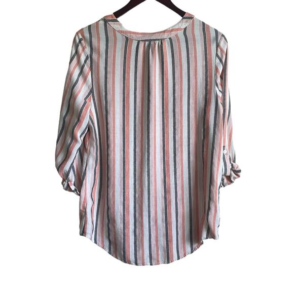 AGB Women Tunic Top L Multicolor Striped Roll Tab Long Sleeve Beachy Coastal - Picture 3 of 11